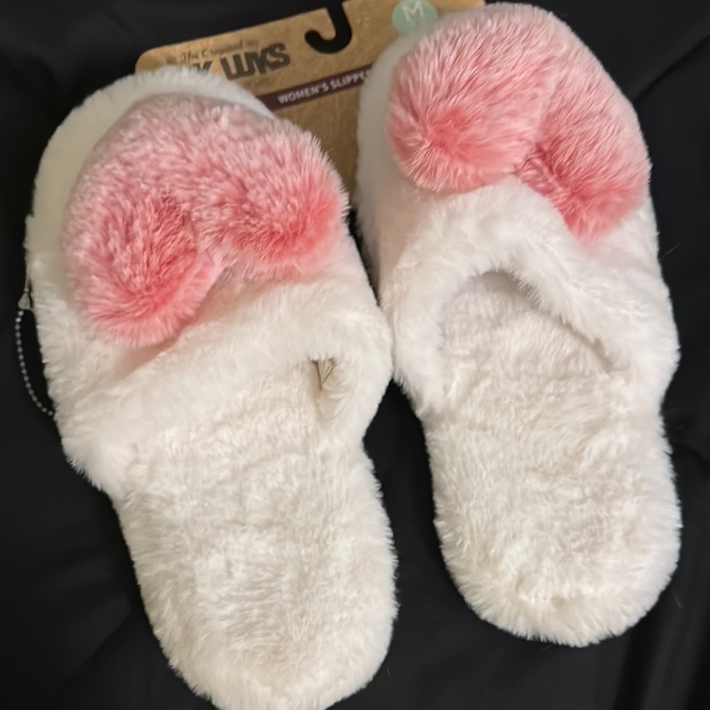 White and Pink Fluffy Slippers